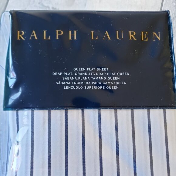 NWT - Ralph Lauren Prescott Stripe Queen Flat Sheet - Navy Blue/White Stripe - Picture 2 of 6